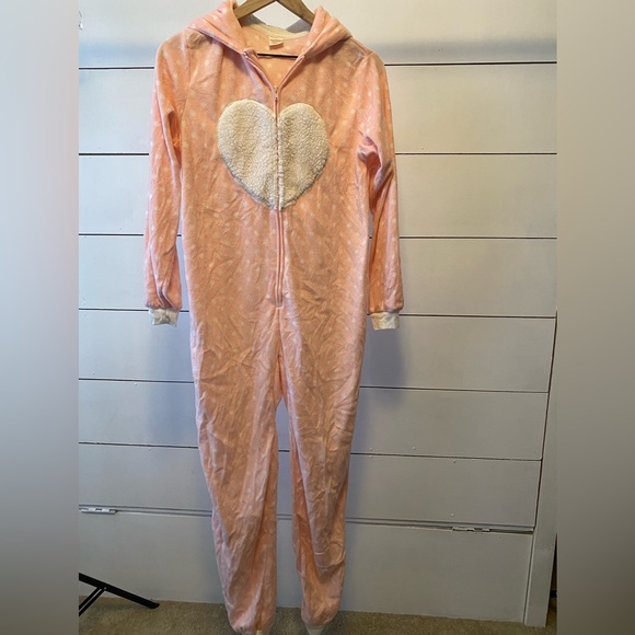 Cat & Jack Girls XL pastel pink & white lamb onesie pajamas w/ front fuzzy heart - Picture 2 of 4